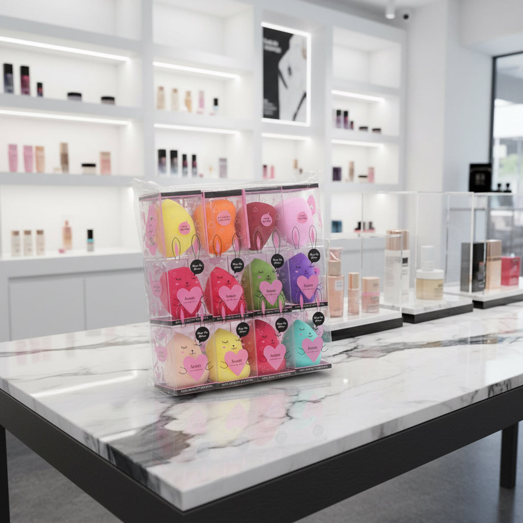 Set of colorful makeup sponges with bunny design packaging on a blue background