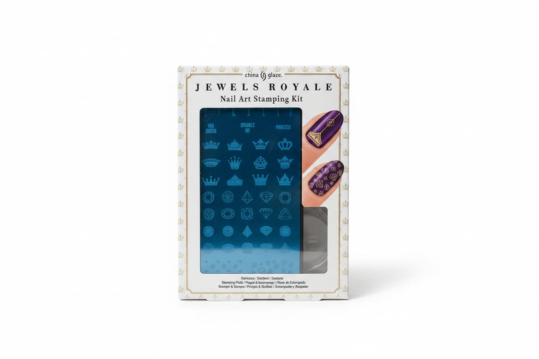 China Glaze Jewels Royale nail art stamping kit packaging with blue stamping plate and nail art images.